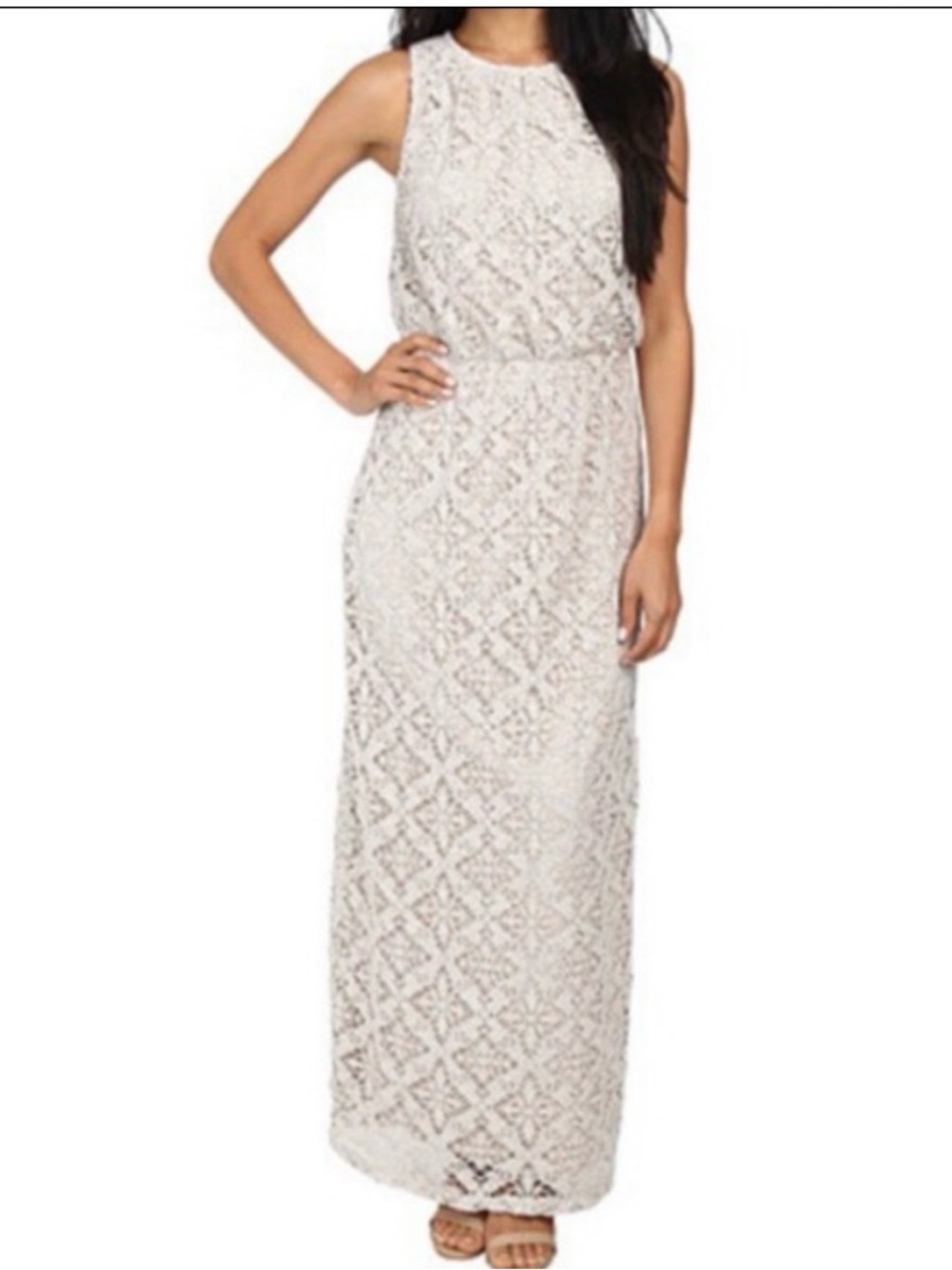 London Times Crochet Lace Dress in Light Beige